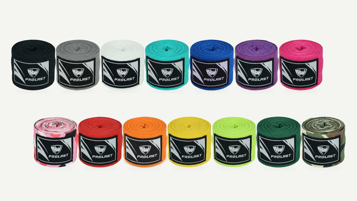 PROLAST 180 in hand wraps in all 14 colors, one roll of each, side by side in two rows