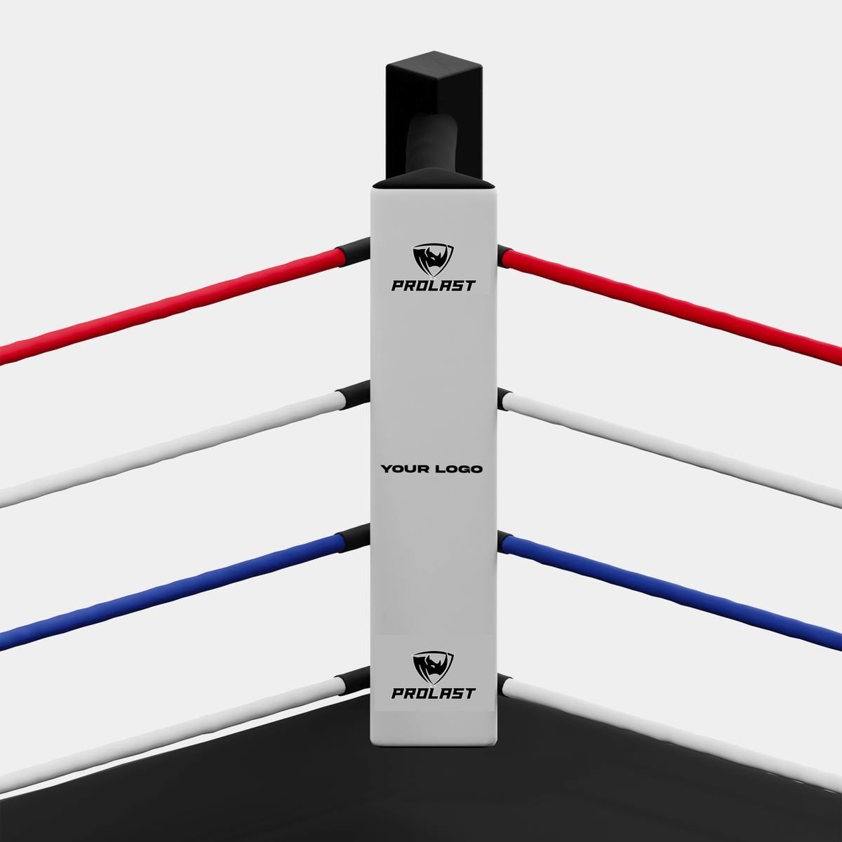 PROLAST custom boxing ring corner pad mockup in white with a YOUR LOGO space, on a ring with red, white and blue ropes