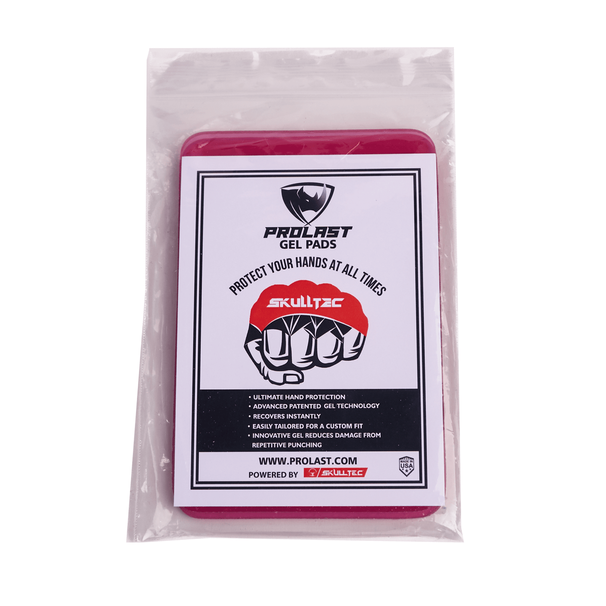 PROLAST x Skulltec gel knuckle guards in pink, sealed in their PROLAST gel pads pack