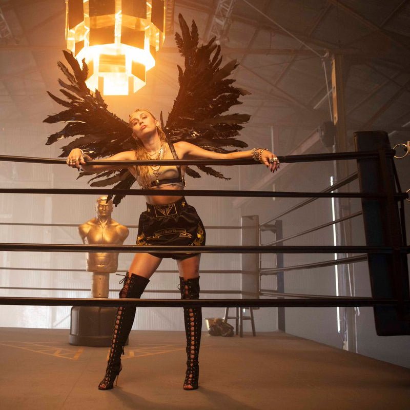 PROLAST music video boxing ring rental: a performer in black feathered wings posing against the ring ropes