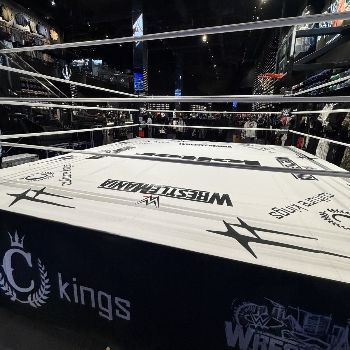 PROLAST boxing ring corner with white ropes and a printed canvas