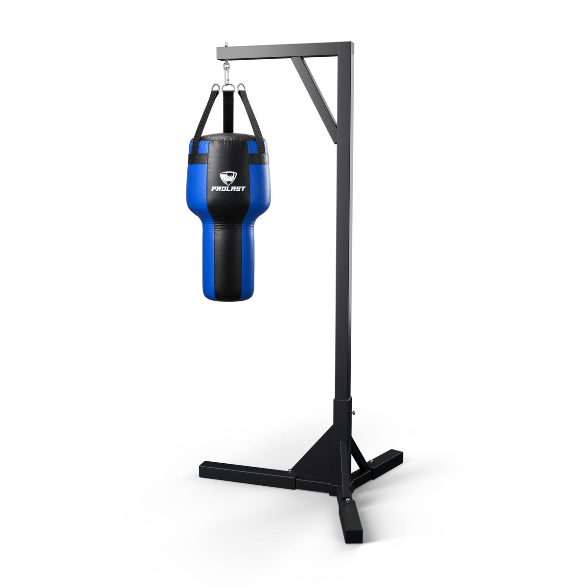 PROLAST black and blue angle heavy bag hanging from a PROLAST single bag stand on a steel snap hook (stand sold separately)