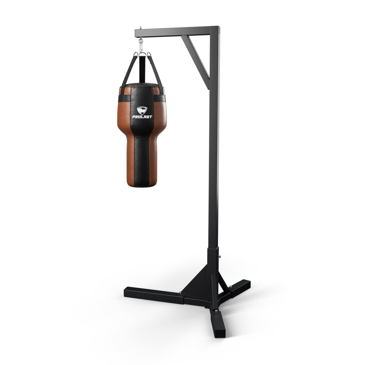 PROLAST black and brown angle heavy bag hanging from a PROLAST single bag stand on a steel snap hook (stand sold separately)