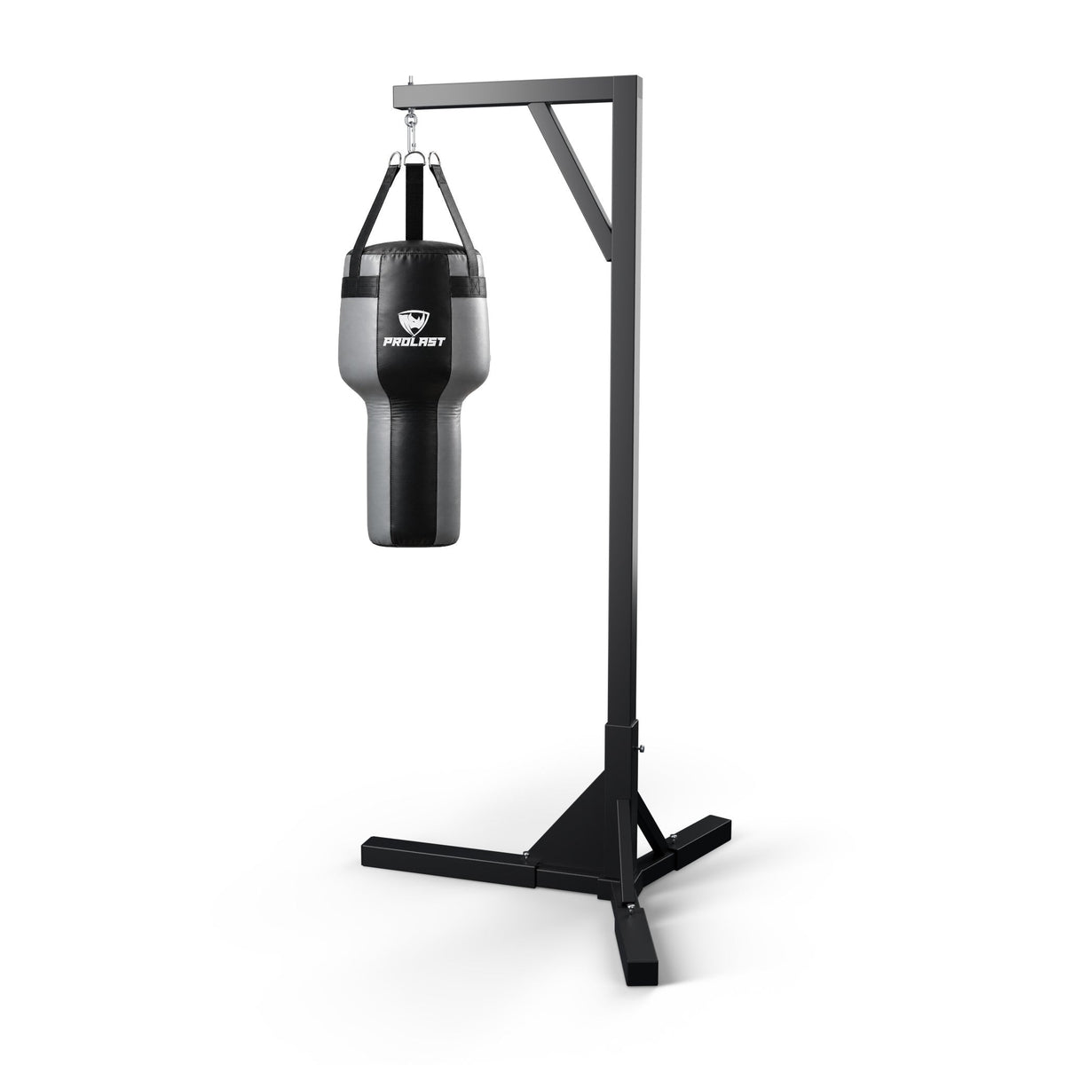 PROLAST black and gray angle heavy bag hanging from a PROLAST single bag stand on a steel snap hook (stand sold separately)