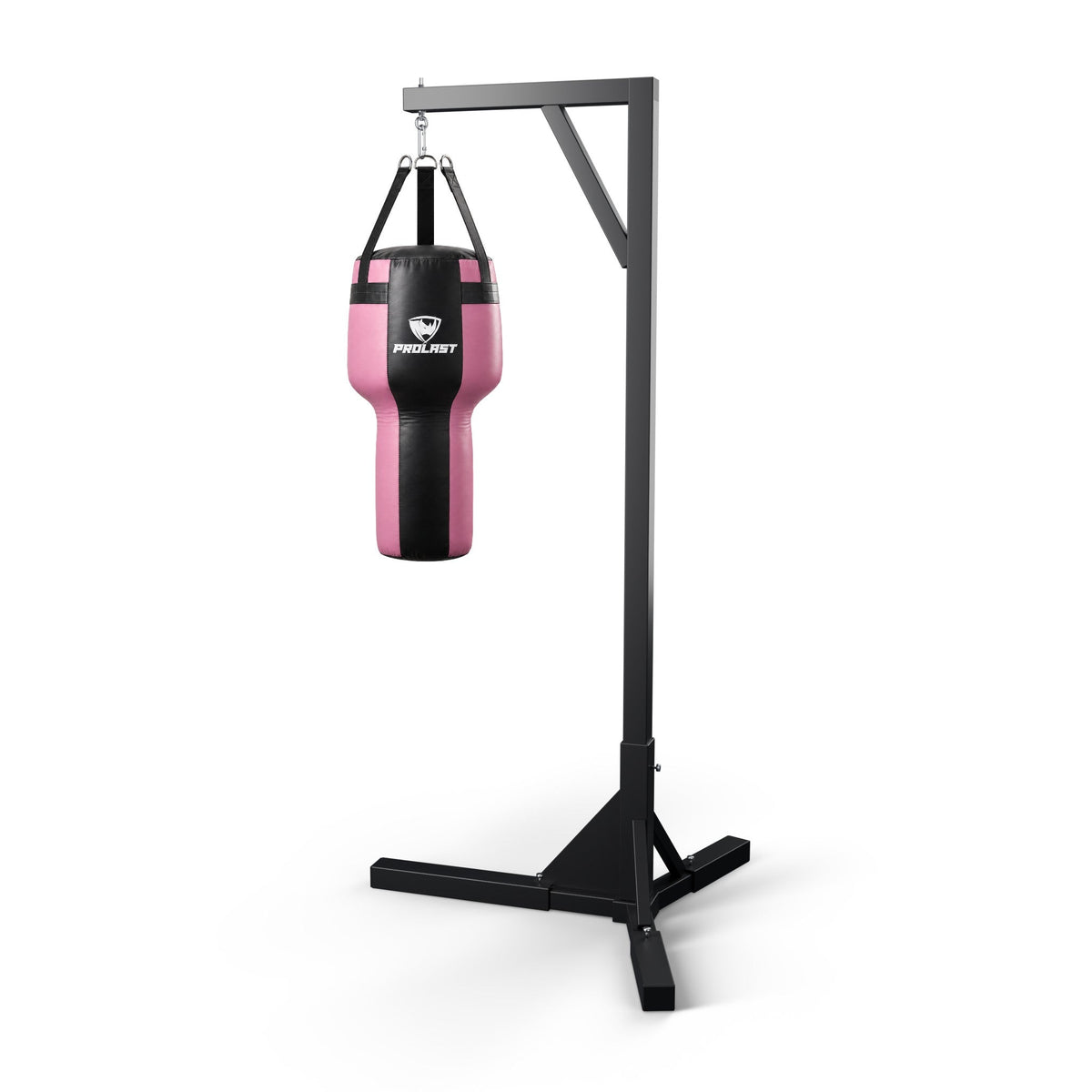 PROLAST black and pink angle heavy bag hanging from a PROLAST single bag stand on a steel snap hook (stand sold separately)
