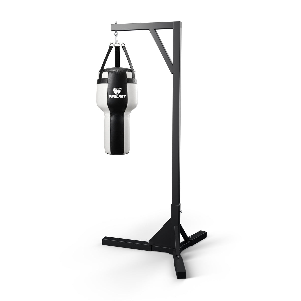 PROLAST black and white angle heavy bag hanging from a PROLAST single bag stand on a steel snap hook (stand sold separately)