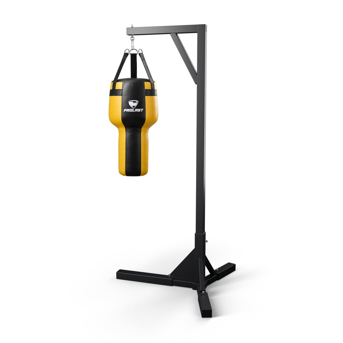 PROLAST black and yellow angle heavy bag hanging from a PROLAST single bag stand on a steel snap hook (stand sold separately)