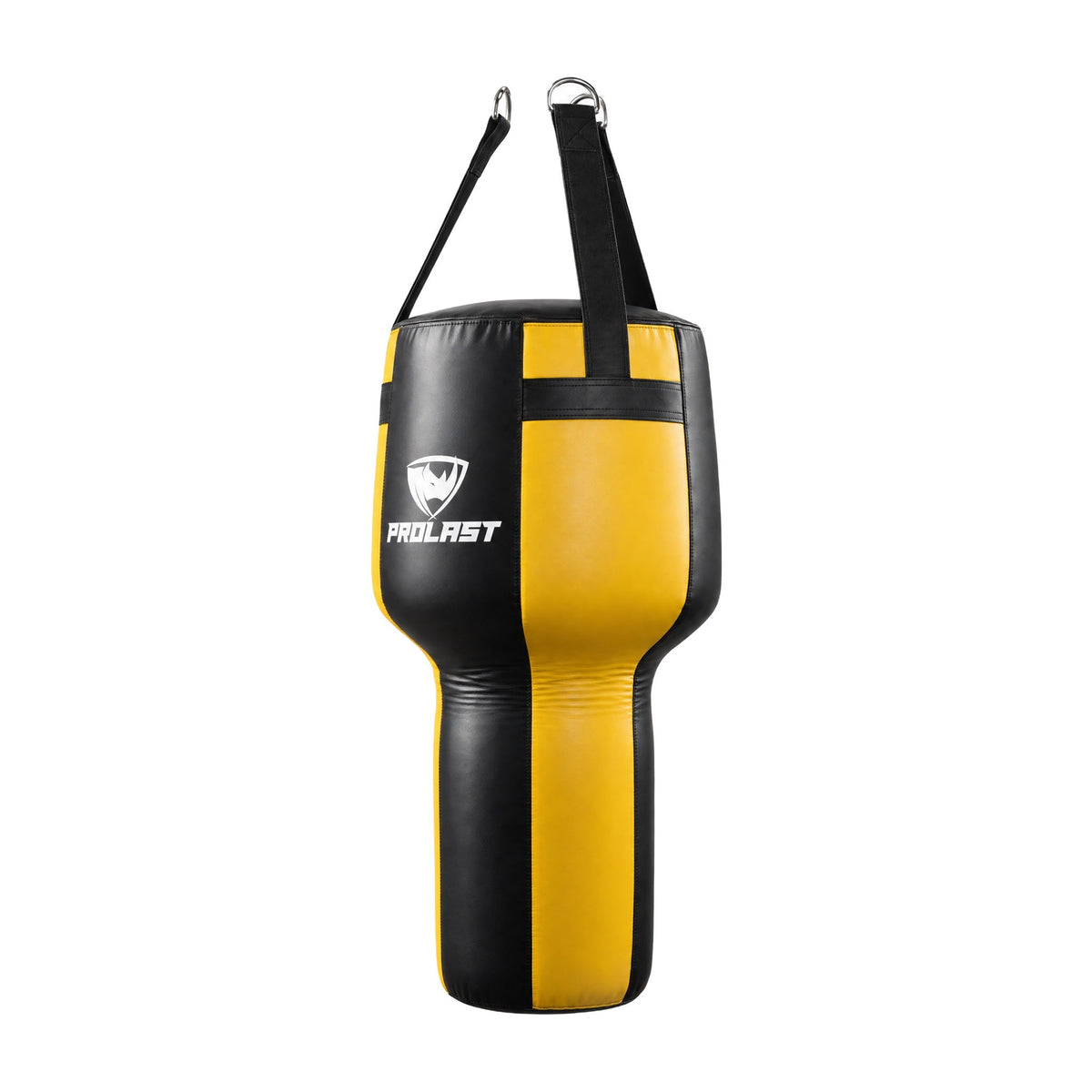 PROLAST black and yellow angle heavy bag turned to show a side panel