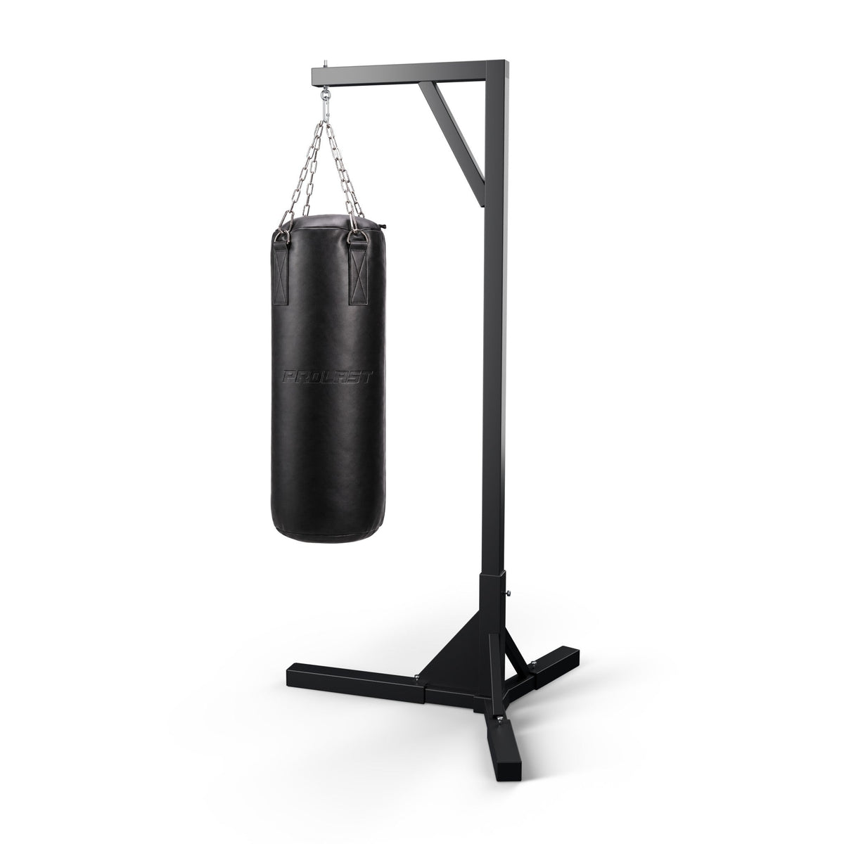 PROLAST Black Leather Heavy Bag hanging on its steel chain from a PROLAST bag stand (stand sold separately)