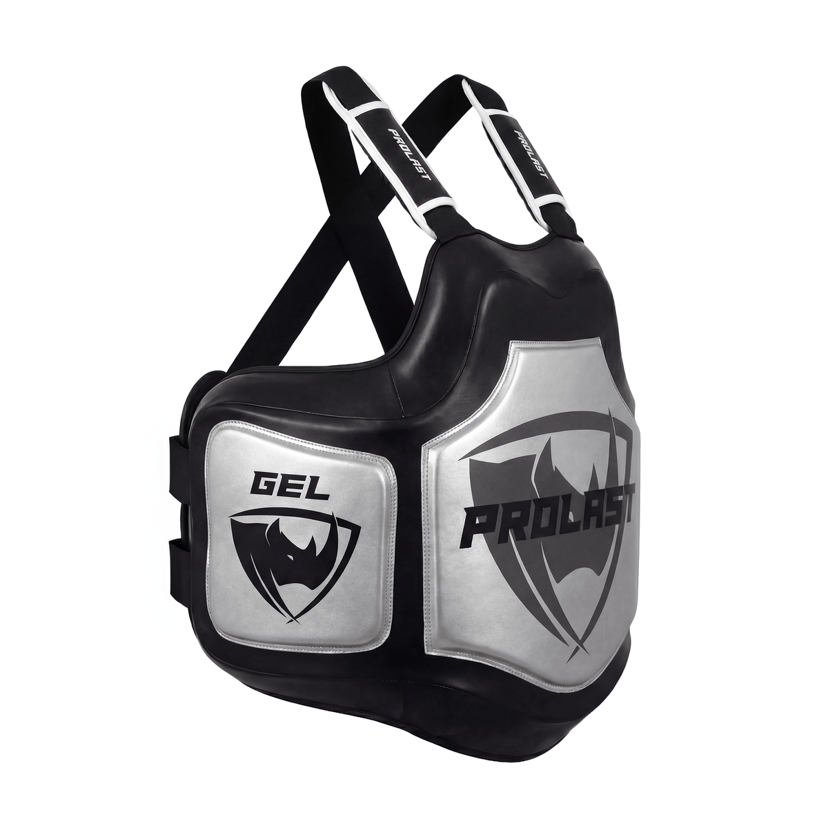 PROLAST Platinum gel boxing body protector in black and silver, angled view from the other side