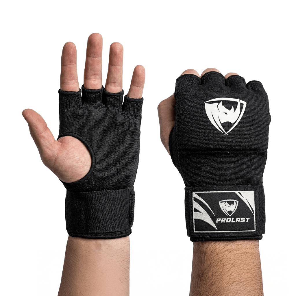 PROLAST Quick Wrap boxing wraps in black, worn on both hands: palm side, and back with the rhino logo and wrist strap