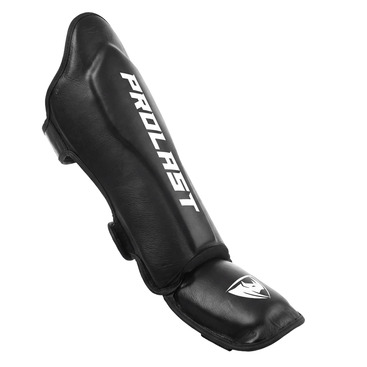 PROLAST deluxe Muay Thai shin guard in black, side view of one guard with PROLAST down the shin and the instep pad