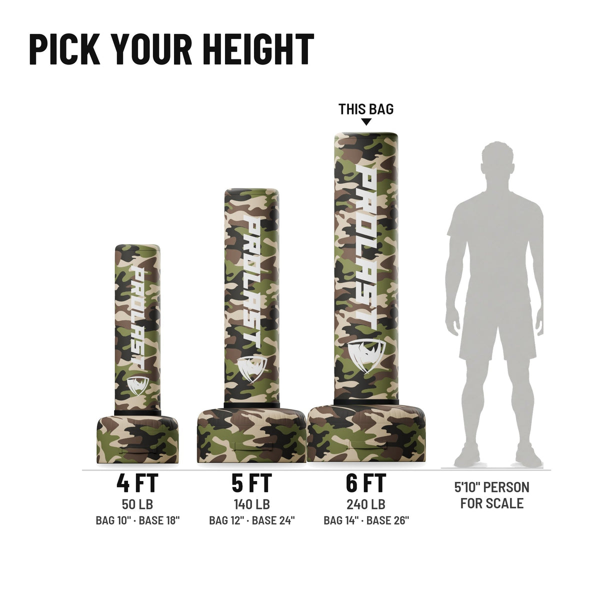 Height guide: 4, 5 and 6 ft PROLAST freestanding bags in camo to scale next to a 5 ft 10 in person, with weights and diameters; this bag is the 6 ft