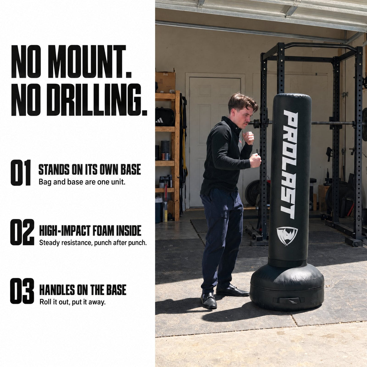 No mount, no drilling: stands on its own base, high-impact foam inside, handles on the base