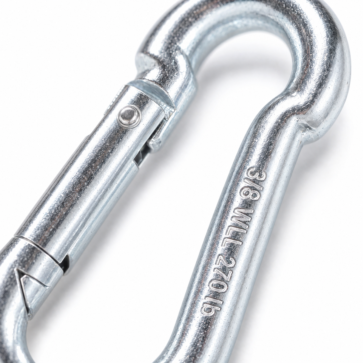PROLAST heavy bag carabiner close-up: the spring gate and the 3/8 WLL 270 lb stamp on the zinc-plated steel
