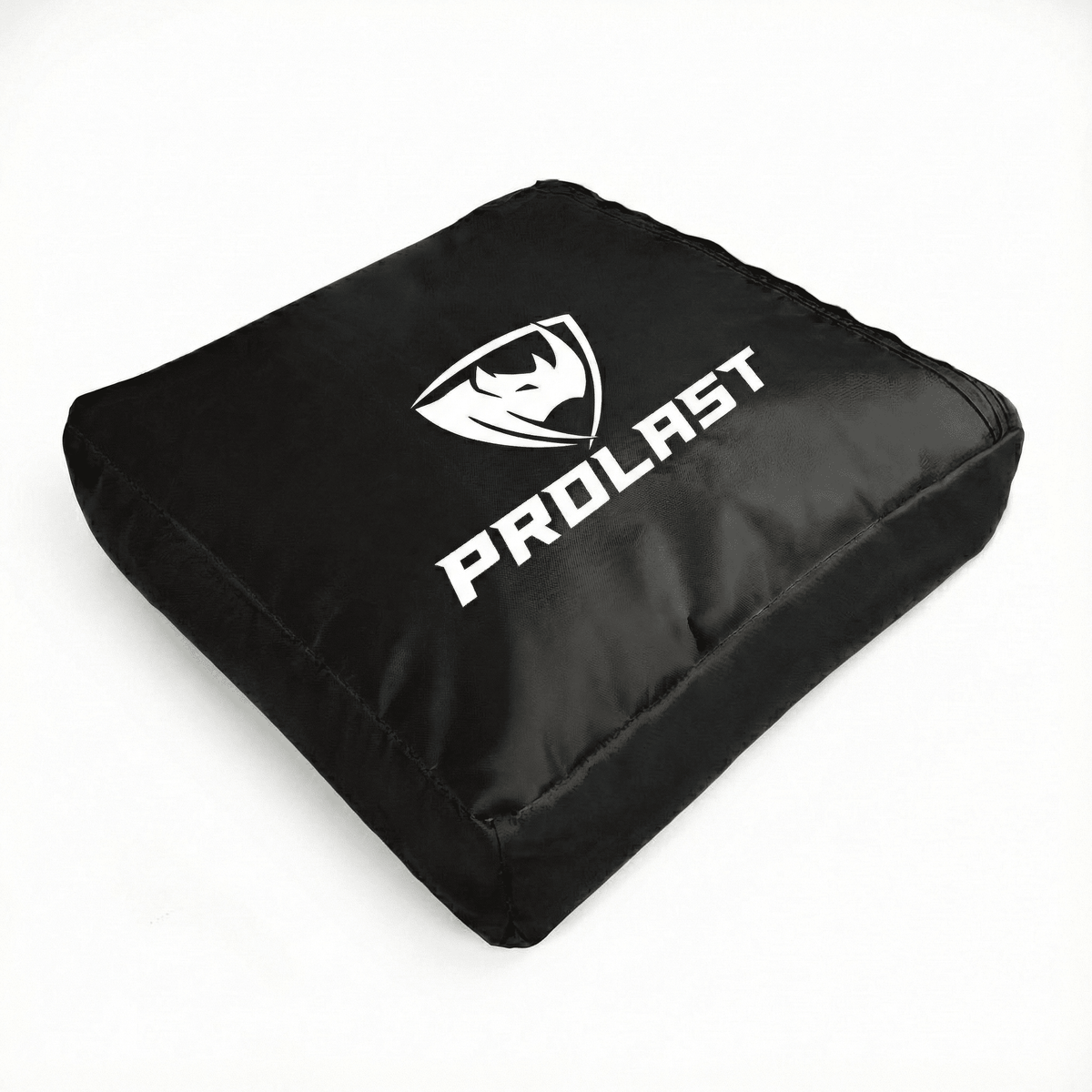 PROLAST 55 lb filled sand bag with D-ring, black square bag with the white PROLAST logo, angled view