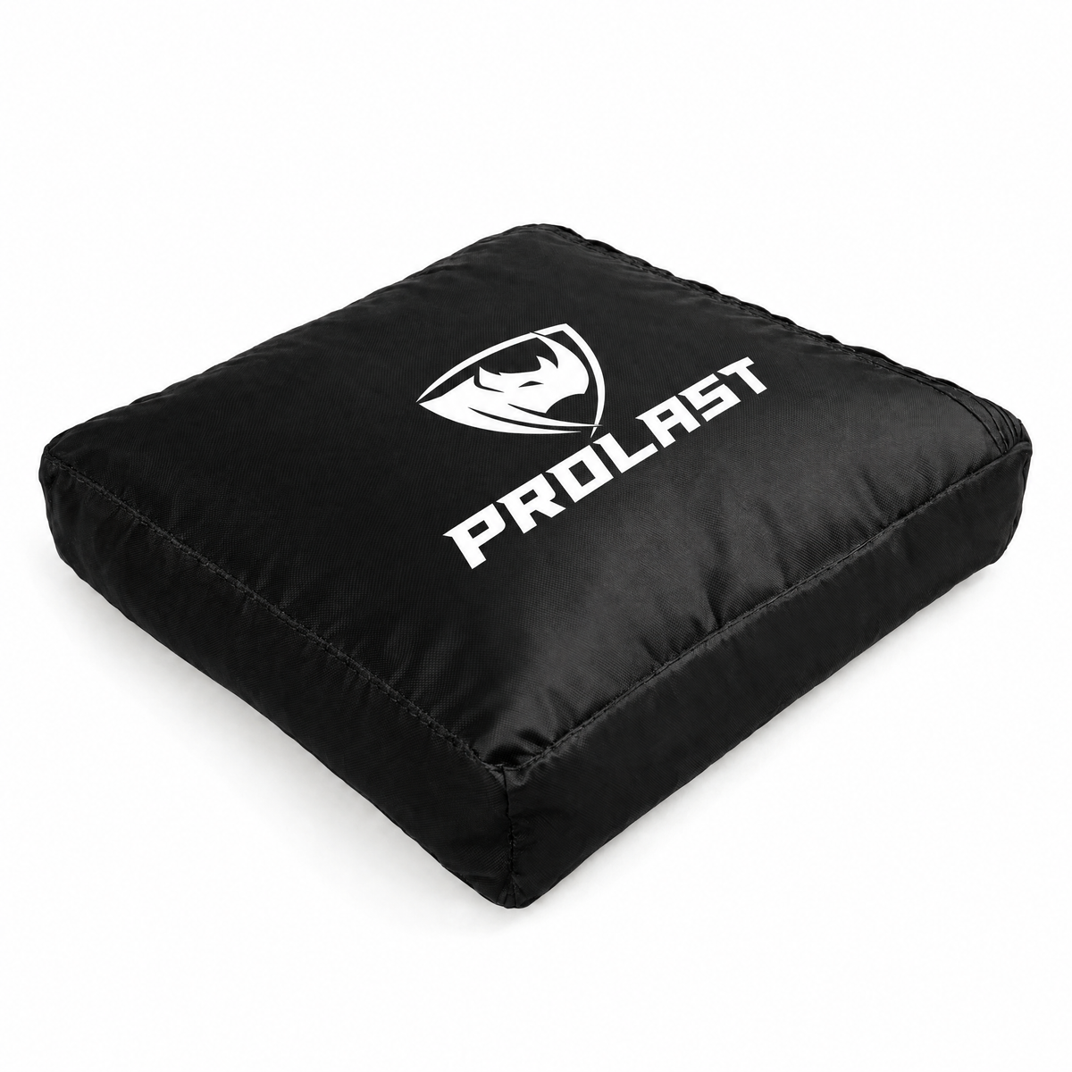 PROLAST filled 55 lb sand bag from a low side angle, showing its thickness, seams and the white PROLAST logo