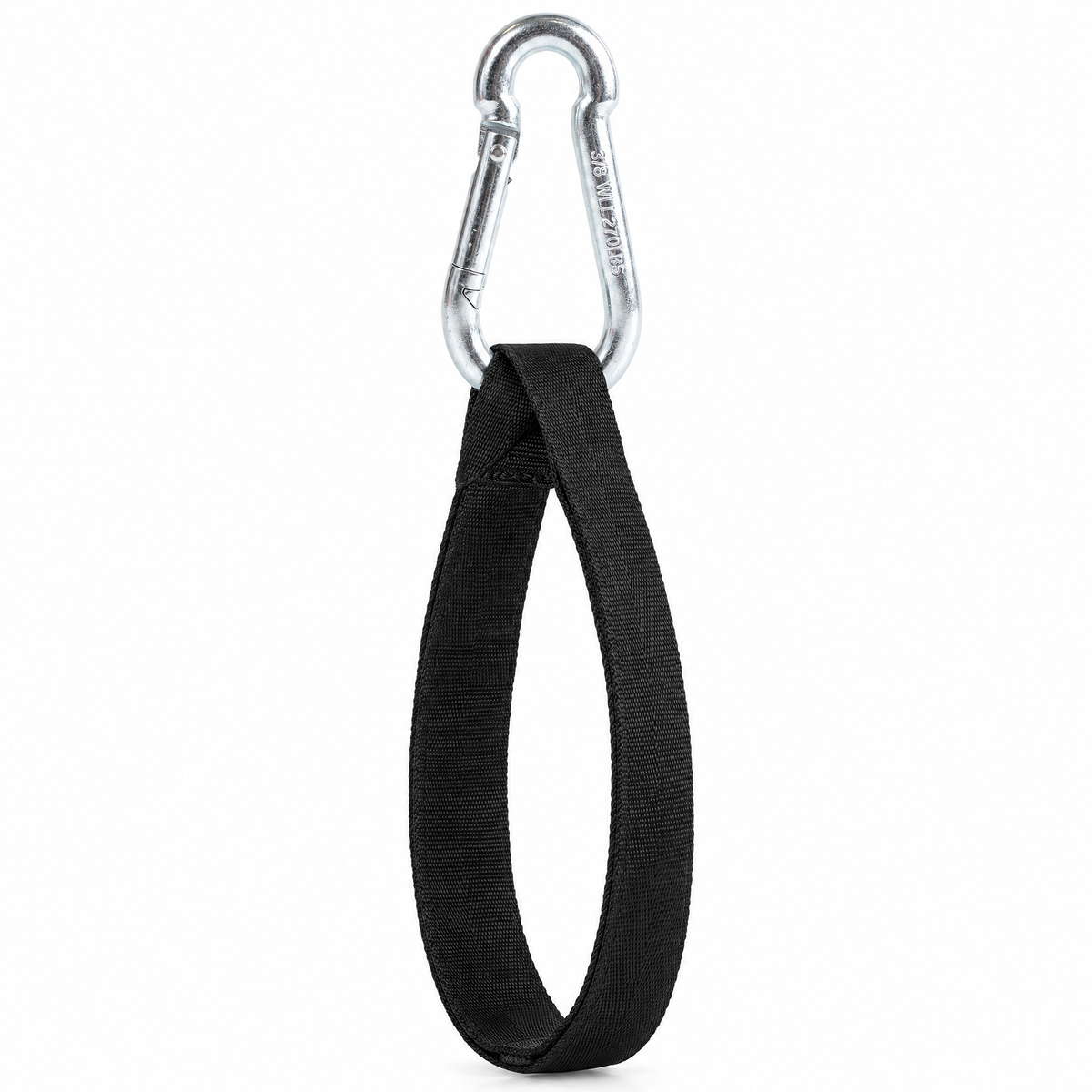 PROLAST nylon heavy bag hanging strap looped through the PROLAST steel snap hook carabiner, stamped 3/8 WLL 270 lb