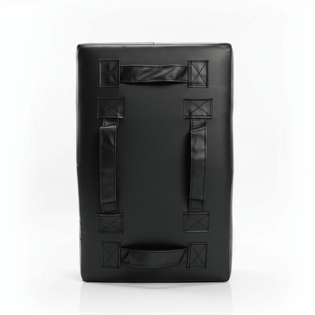 PROLAST kick shield in black, back view with two arm straps and top and bottom handles