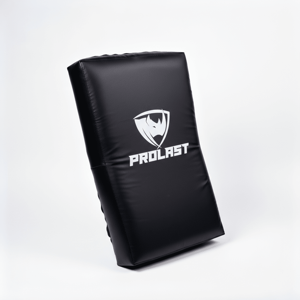 PROLAST kick shield in black standing at an angle, showing the logo side and its thickness