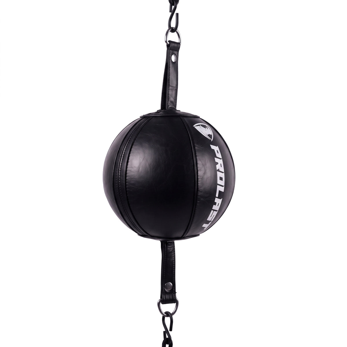 PROLAST professional leather double end bag in black with white PROLAST lettering down the front, turned to show the round leather panels