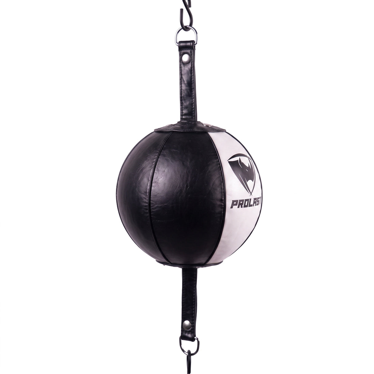 PROLAST professional leather double end bag in black with a white front panel and a black PROLAST logo, turned to show the round leather panels