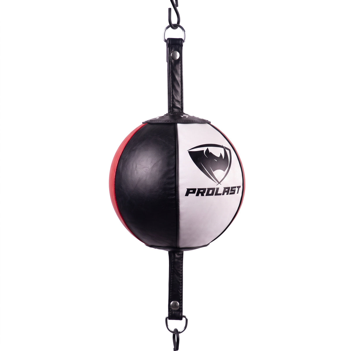 PROLAST professional leather double end bag with black, white and red panels and a black PROLAST logo on the white panel, turned to show the round leather panels