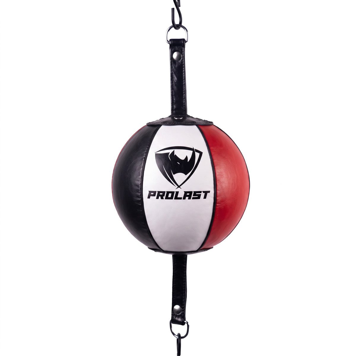 PROLAST professional leather double end bag with black, white and red panels and a black PROLAST logo on the white panel, hanging between its top and bottom straps