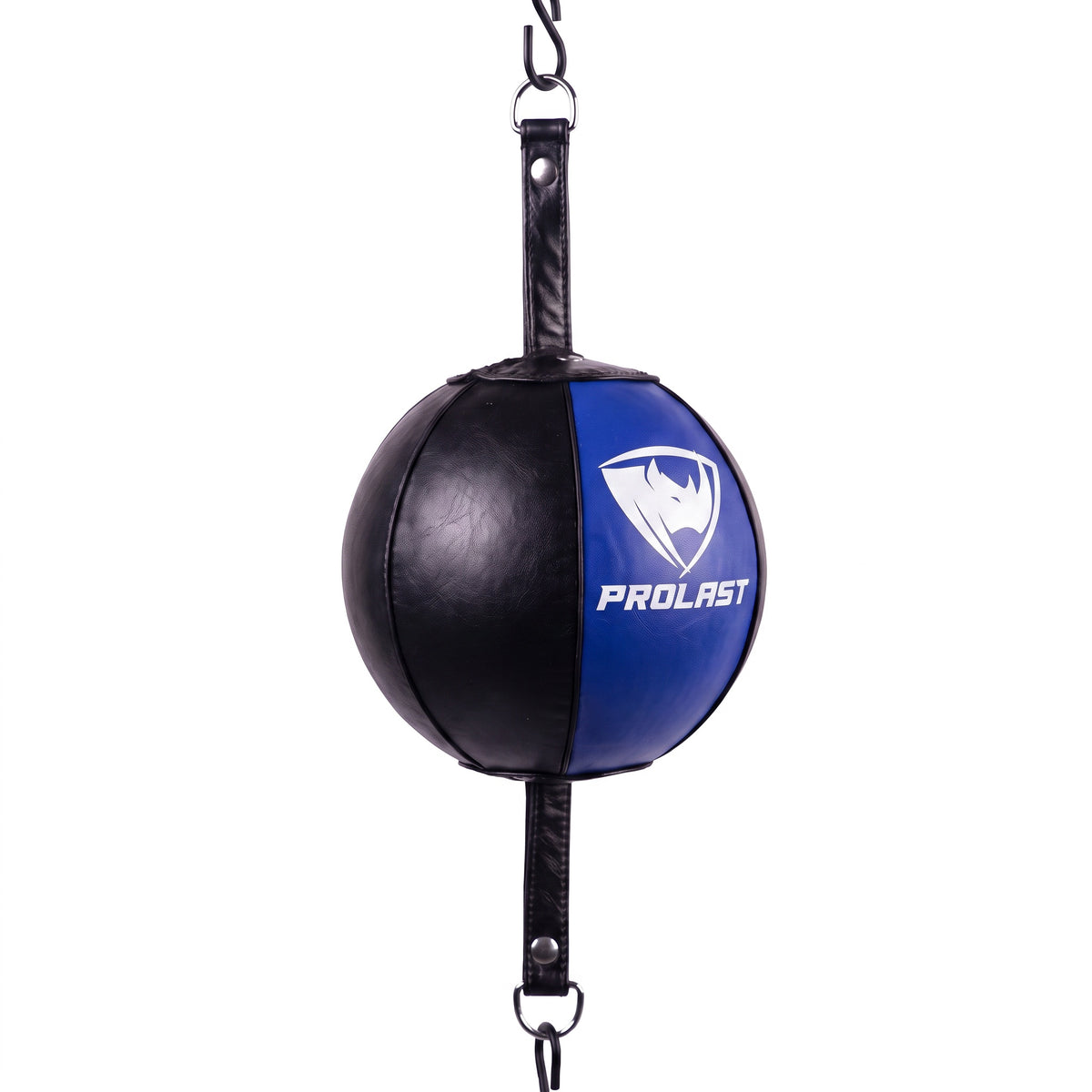 PROLAST professional leather double end bag in black with a blue front panel and a white PROLAST logo, turned to show the round leather panels