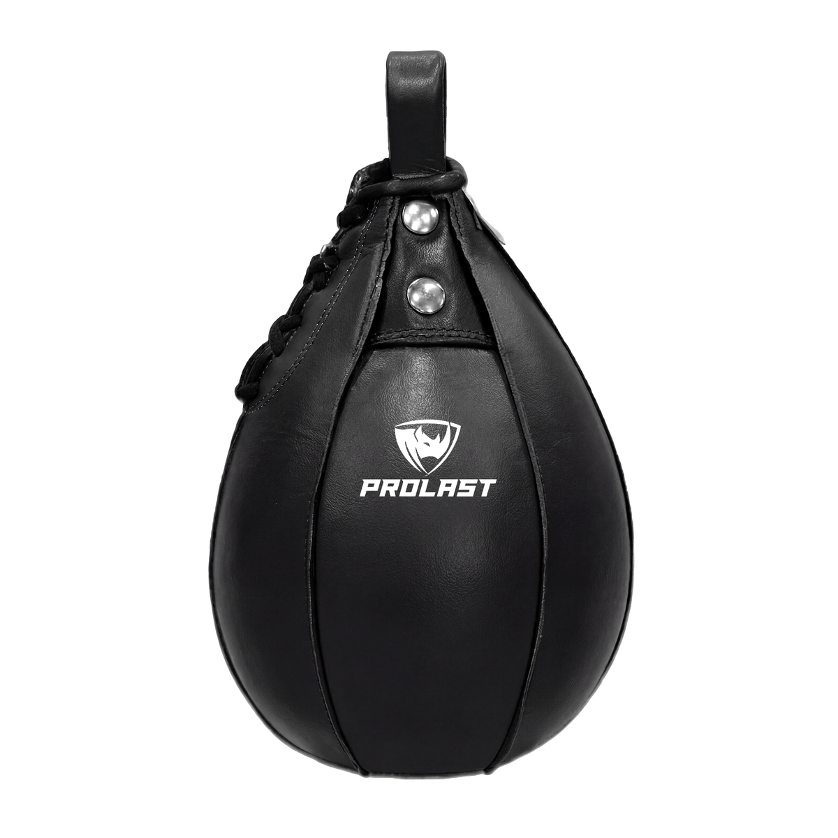 PROLAST leather speed bag in black, front view with black laces and loop and the white PROLAST logo