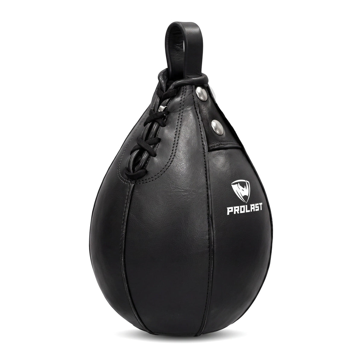 PROLAST black leather speed bag turned to show the laced side seam