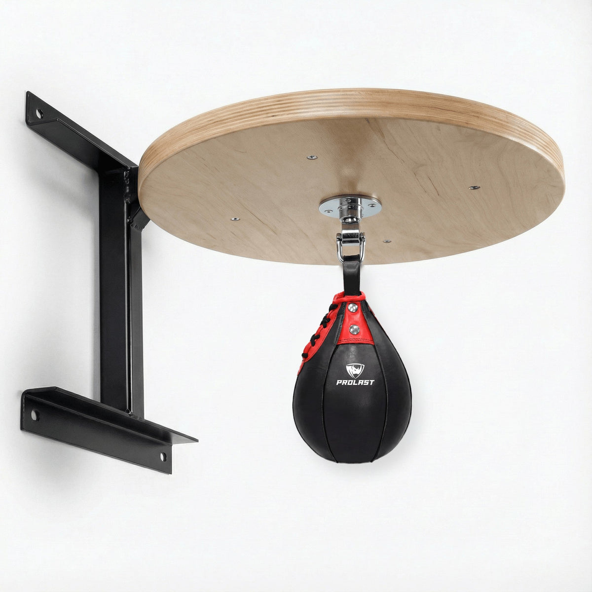 PROLAST black and red leather speed bag hanging from the PRO ELITE swivel under the PROLAST hardwood speed bag platform