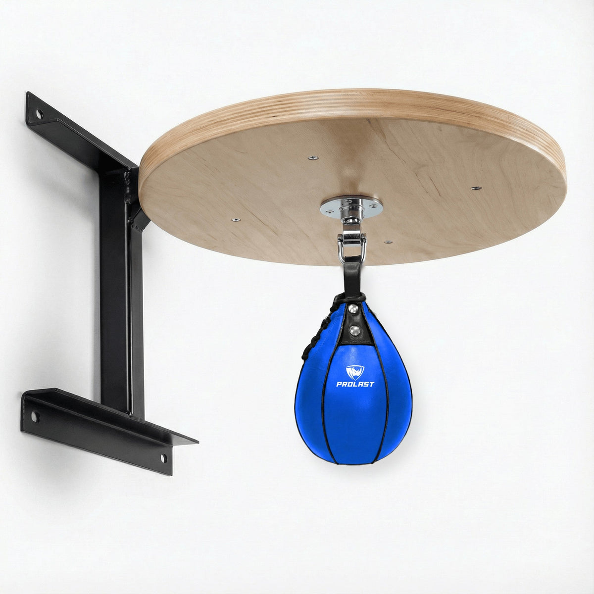 PROLAST blue leather speed bag hanging from the PRO ELITE swivel under the PROLAST hardwood speed bag platform