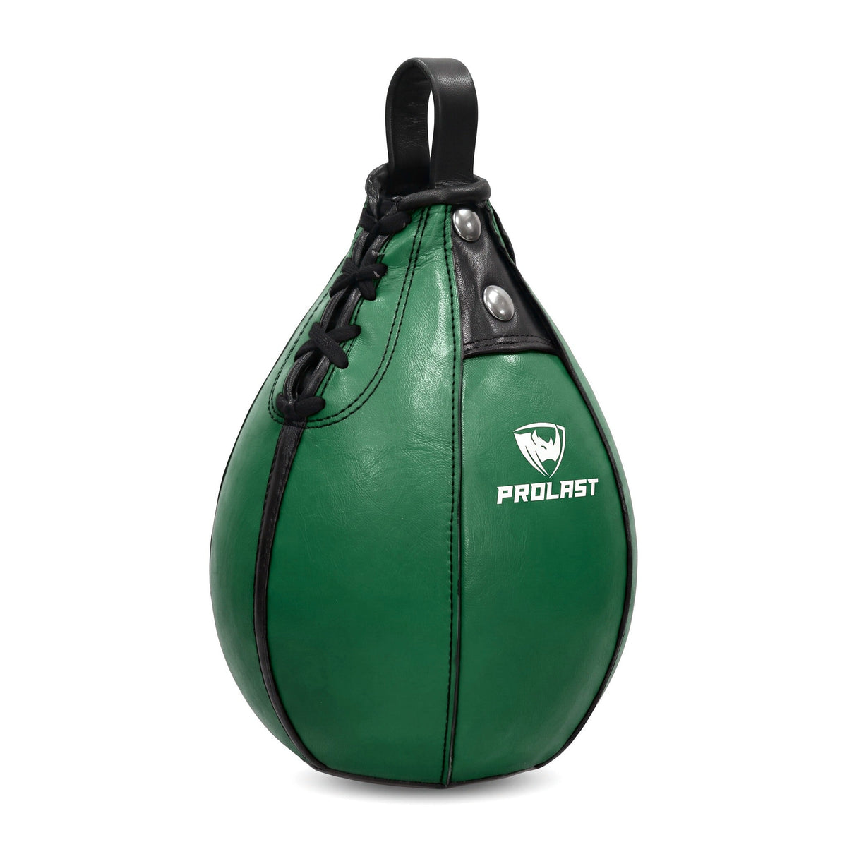 PROLAST green leather speed bag turned to show the laced side seam