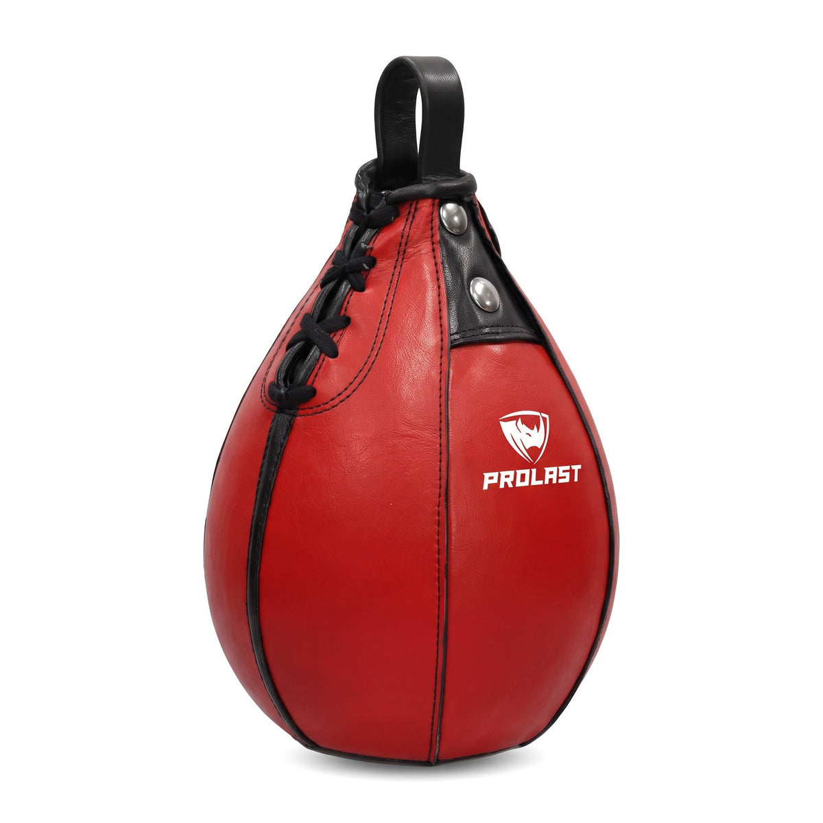 PROLAST red leather speed bag turned to show the laced side seam