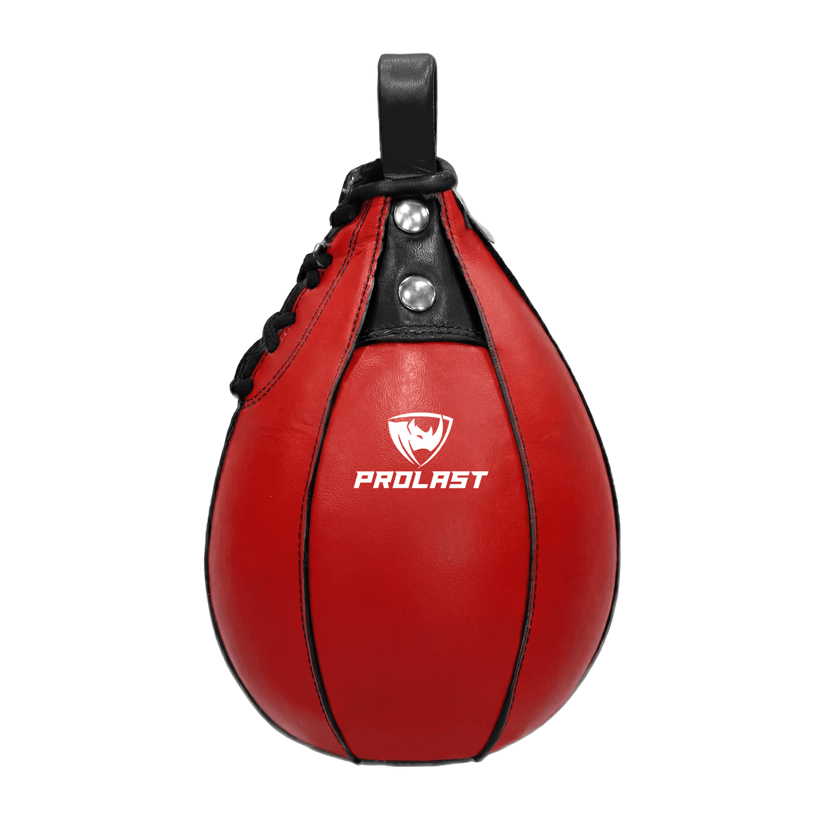PROLAST leather speed bag in red, front view with black top panel, laces and loop and the white PROLAST logo