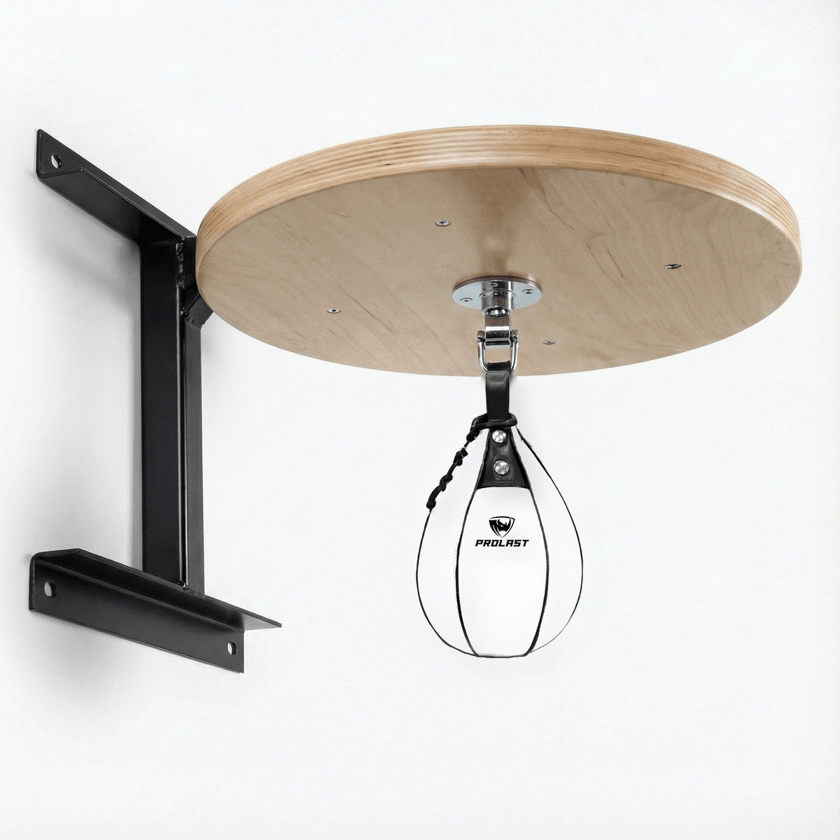 PROLAST white leather speed bag hanging from the PRO ELITE swivel under the PROLAST hardwood speed bag platform