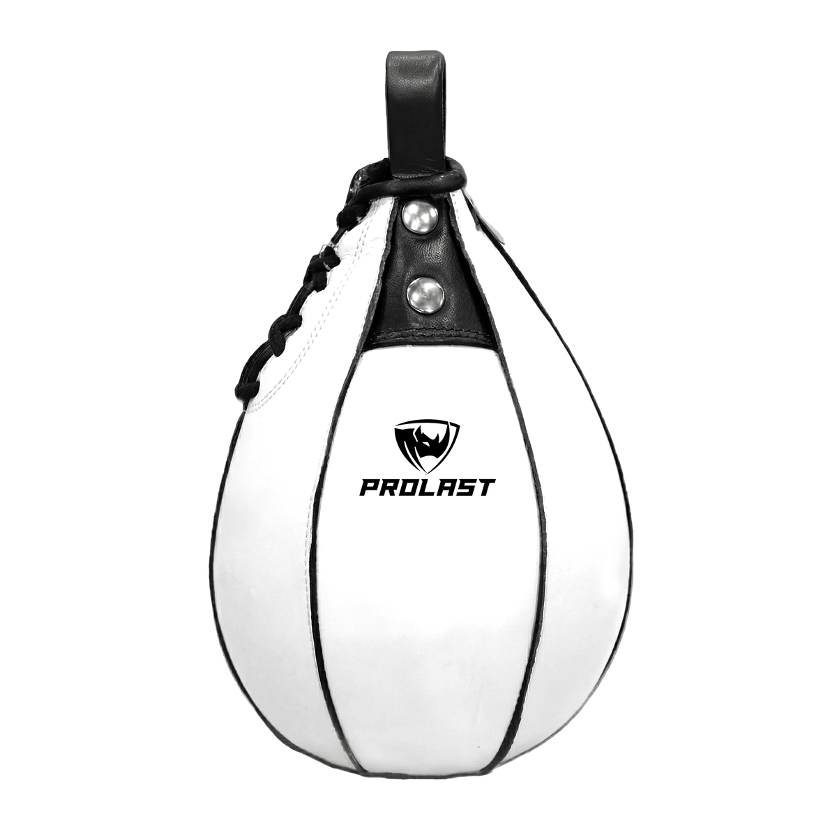 PROLAST leather speed bag in white, front view with black top panel, laces and loop and the black PROLAST logo