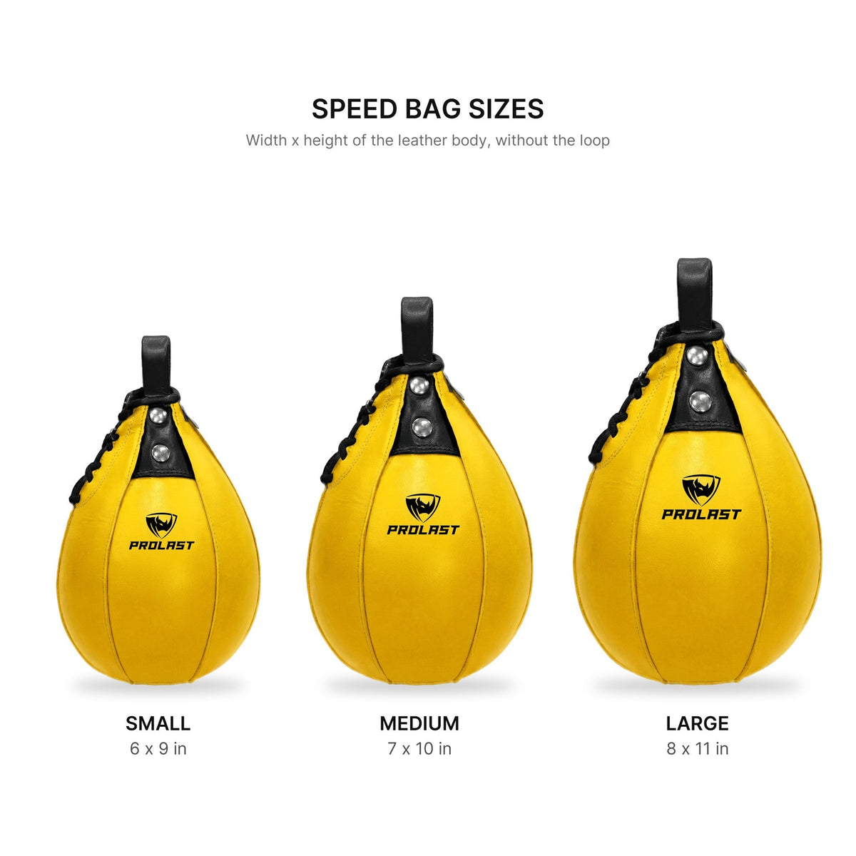PROLAST yellow leather speed bag sizes: Small 6 x 9 in, Medium 7 x 10 in, Large 8 x 11 in