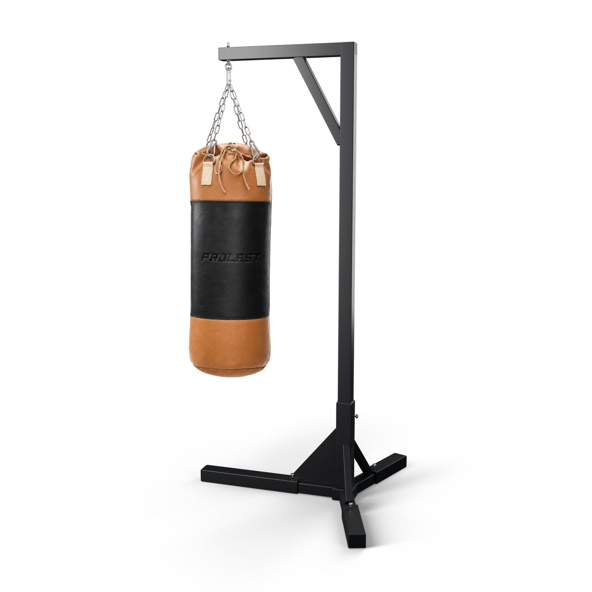 PROLAST Multi-Panel Leather Heavy Bag - Black / Caramel hanging on its steel chain from a PROLAST bag stand (stand sold separately)