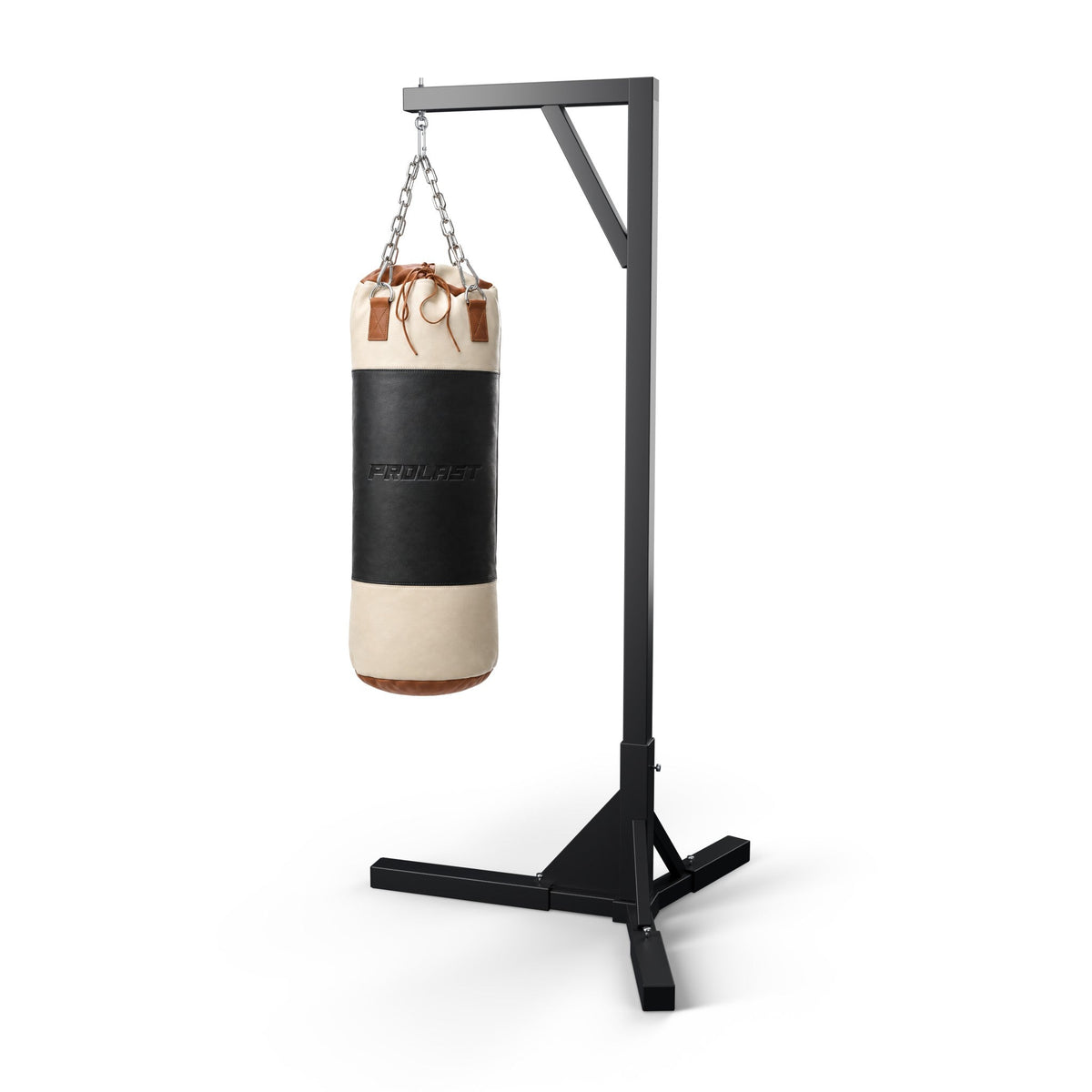 PROLAST Multi-Panel Leather Heavy Bag - Black / Cream hanging on its steel chain from a PROLAST bag stand (stand sold separately)
