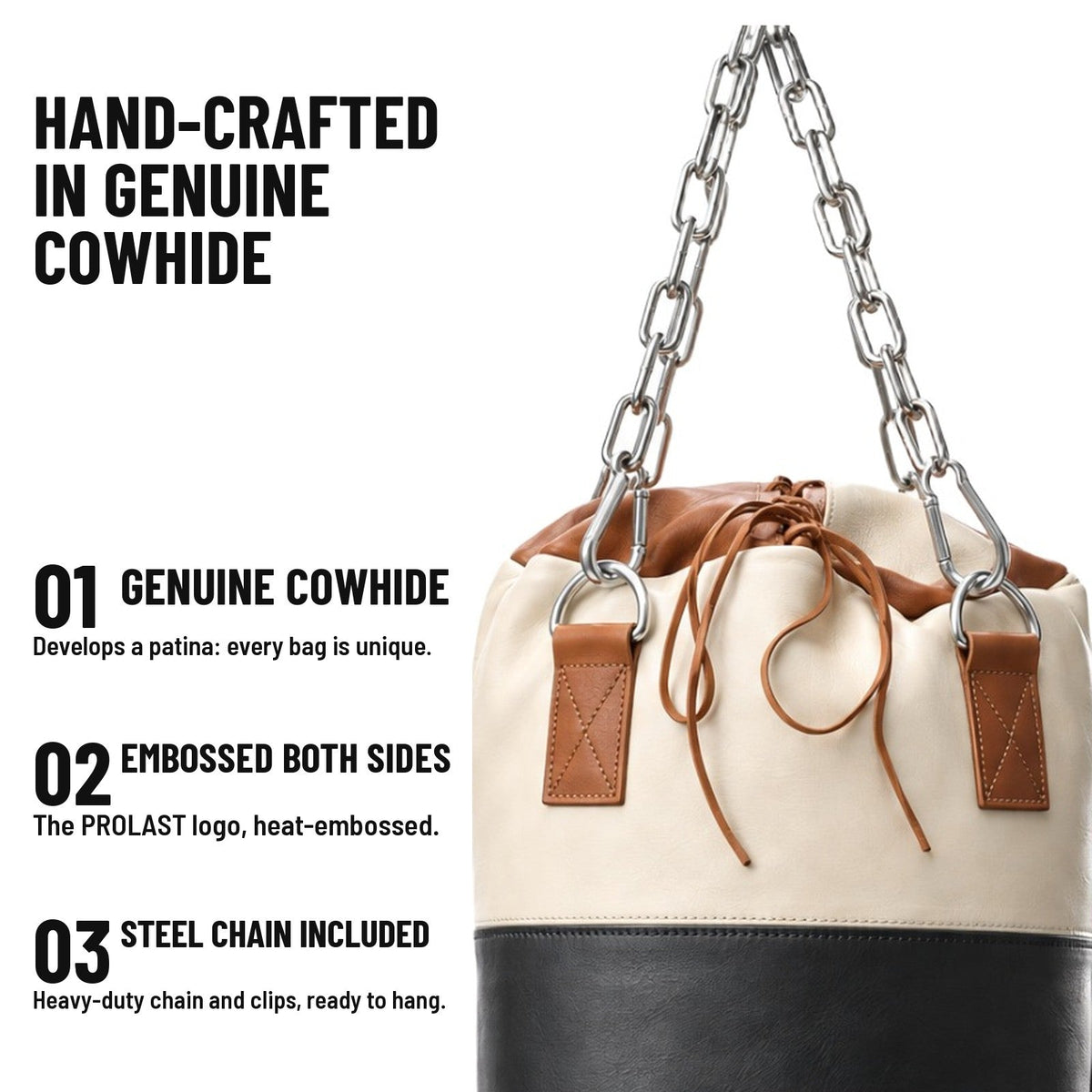 Hand-crafted in genuine cowhide: heat-embossed PROLAST logo on both sides, stainless steel chain and clips included