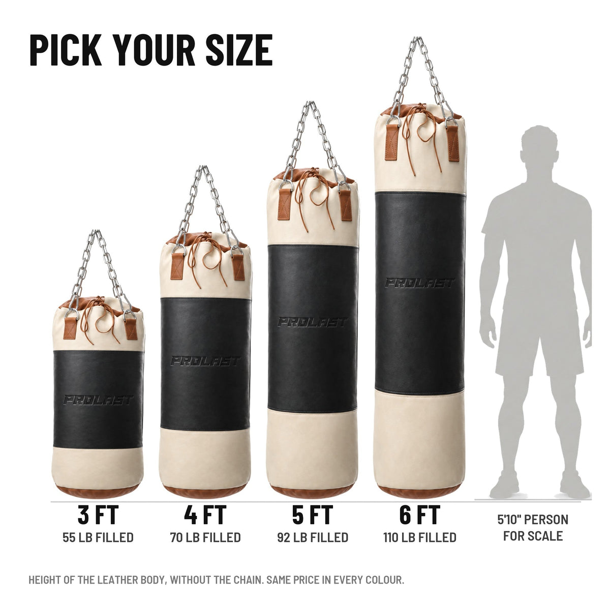 PROLAST Multi-Panel Leather Heavy Bag - Black / Cream in 3, 4, 5 and 6 ft (55, 70, 92 and 110 lb filled), next to a 5 ft 10 in person