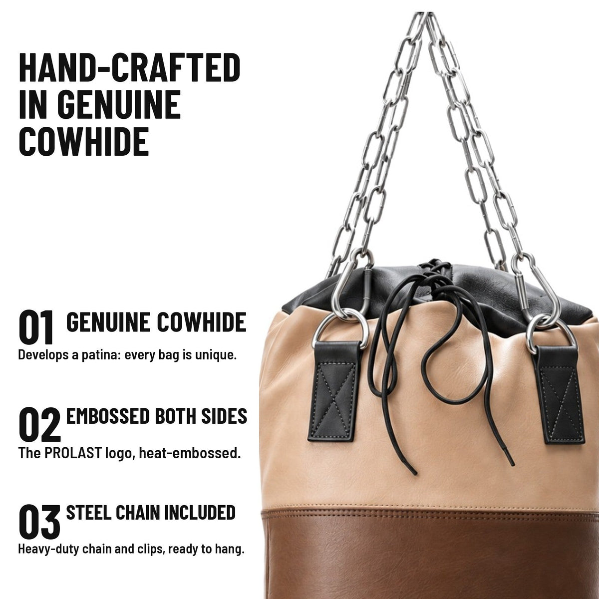 Hand-crafted in genuine cowhide: heat-embossed PROLAST logo on both sides, stainless steel chain and clips included