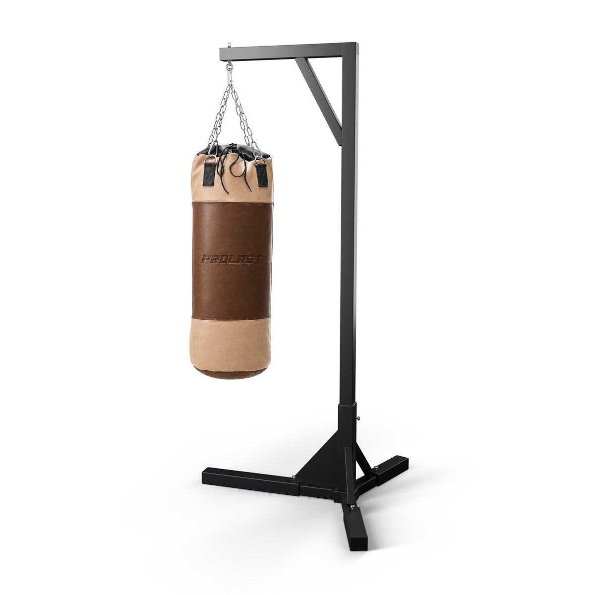 PROLAST Multi-Panel Leather Heavy Bag - Brown / Tan hanging on its steel chain from a PROLAST bag stand (stand sold separately)