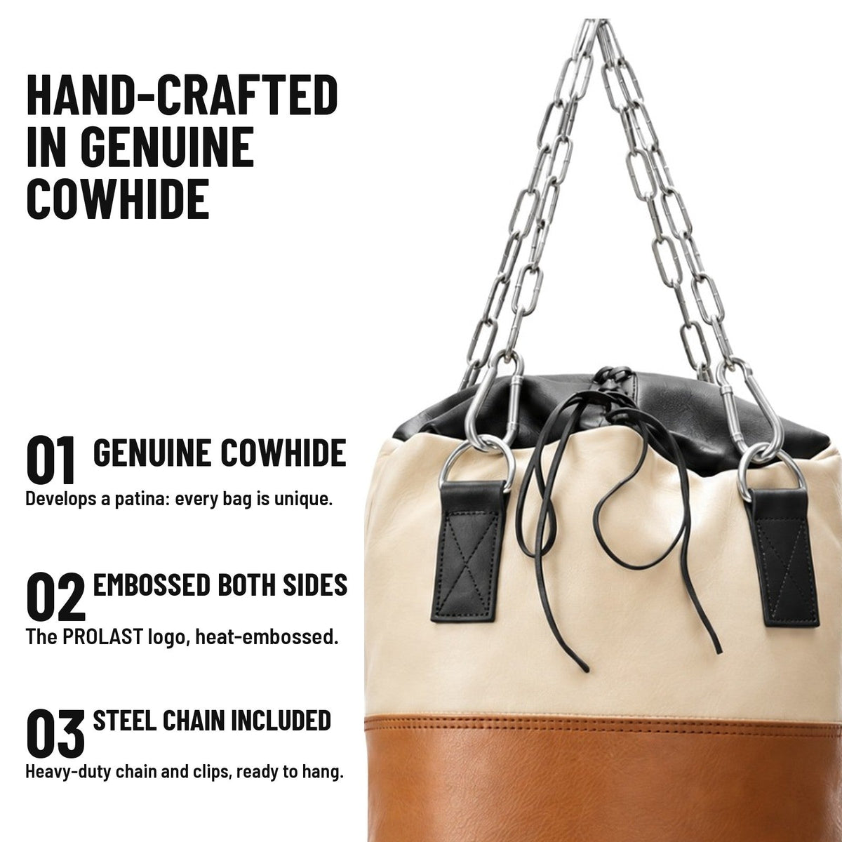Hand-crafted in genuine cowhide: heat-embossed PROLAST logo on both sides, stainless steel chain and clips included