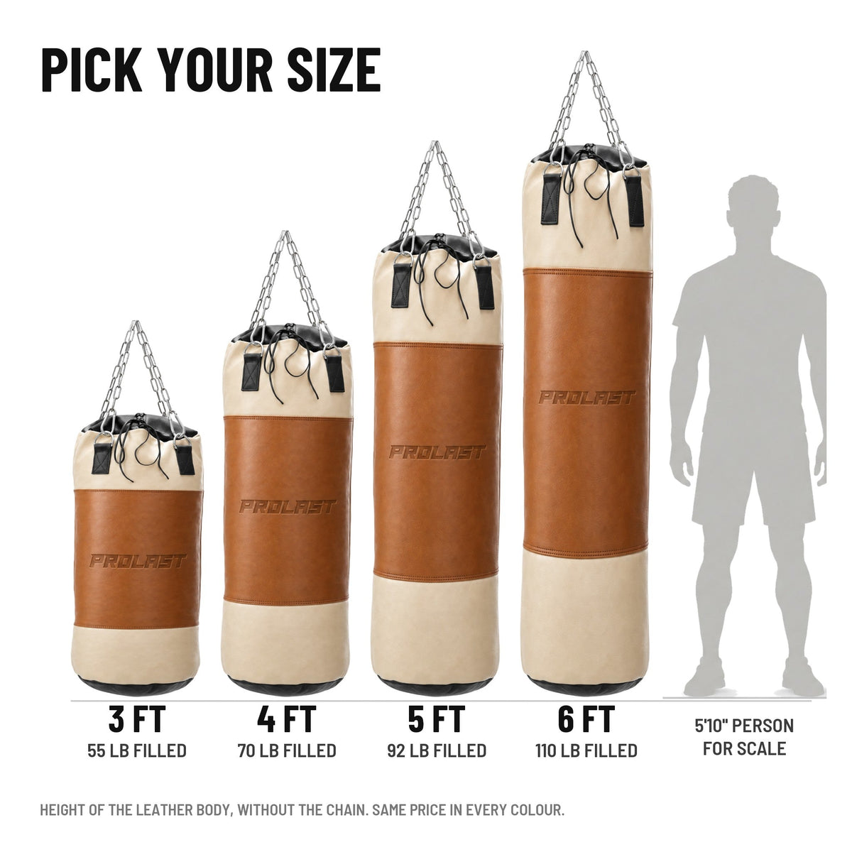 PROLAST Multi-Panel Leather Heavy Bag - Caramel / Cream in 3, 4, 5 and 6 ft (55, 70, 92 and 110 lb filled), next to a 5 ft 10 in person