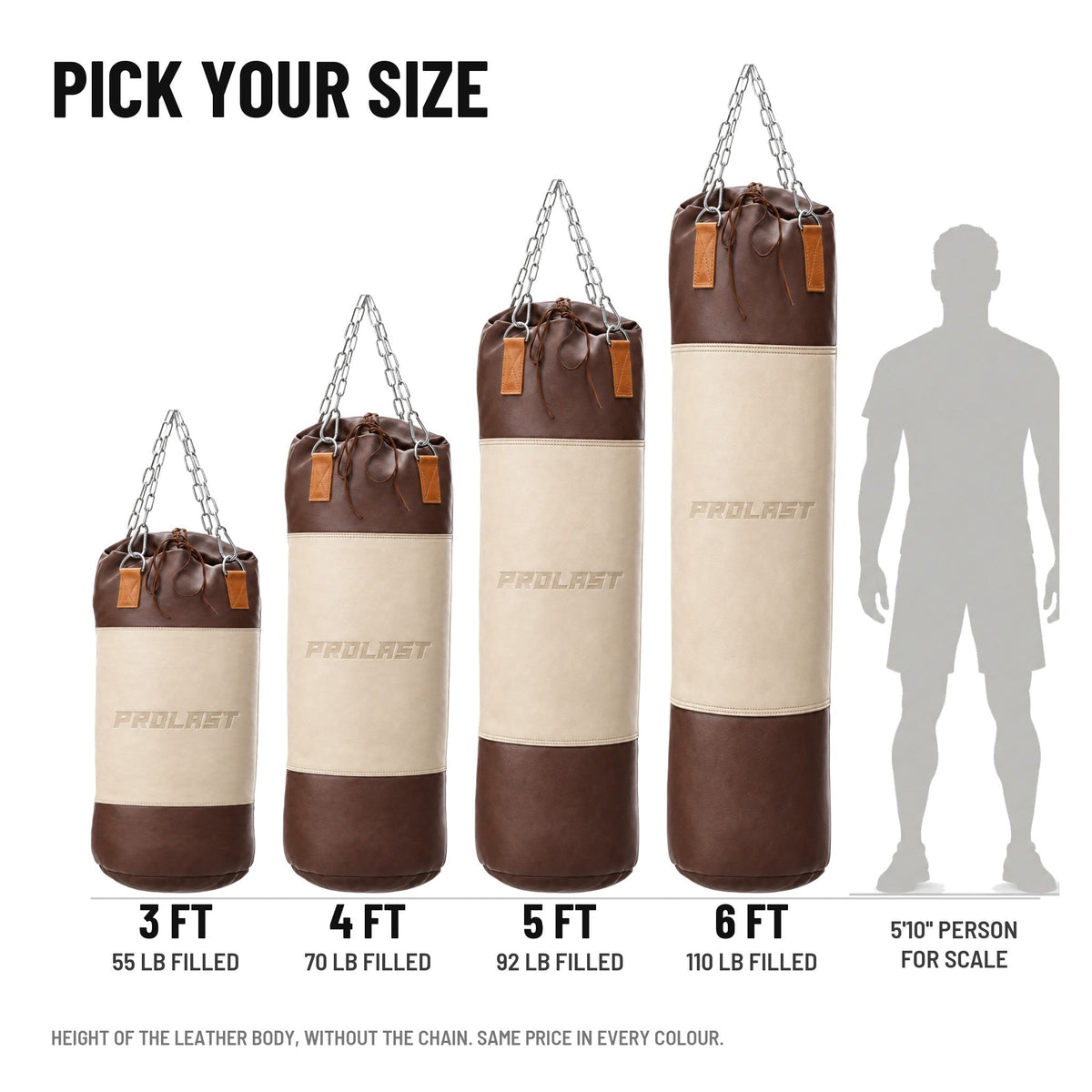 PROLAST Multi-Panel Leather Heavy Bag - Cream / Brown in 3, 4, 5 and 6 ft (55, 70, 92 and 110 lb filled), next to a 5 ft 10 in person