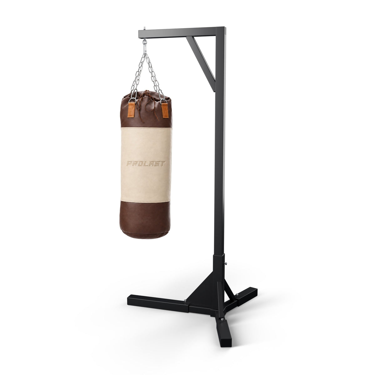 PROLAST Multi-Panel Leather Heavy Bag - Cream / Brown hanging on its steel chain from a PROLAST bag stand (stand sold separately)