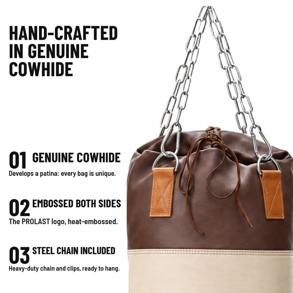 Hand-crafted in genuine cowhide: heat-embossed PROLAST logo on both sides, stainless steel chain and clips included
